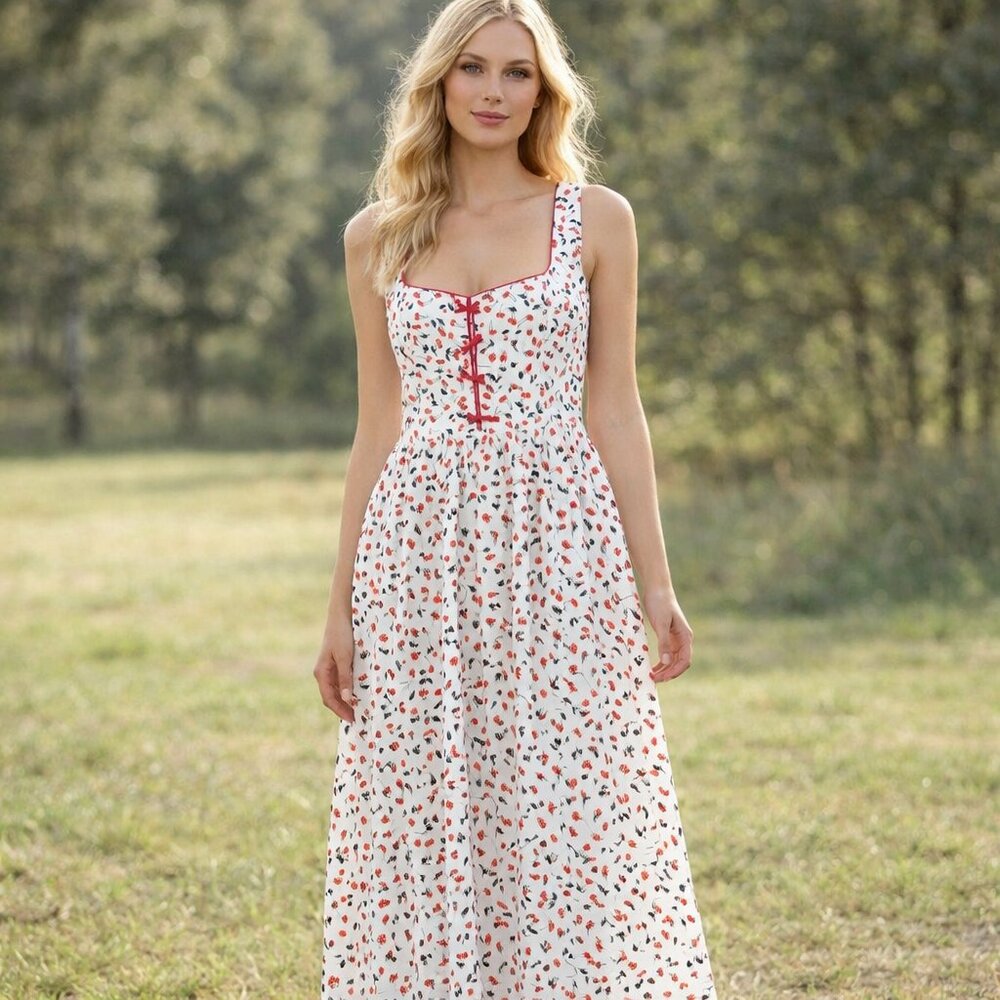Caroline Constas Linen Blend Cherry Print Maxi Dress S